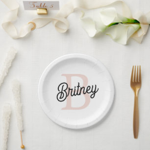 Modern Personalized Monogram and Name Pastel Pink Paper Plate