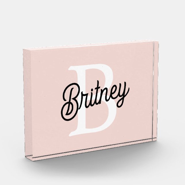 Modern Personalized Monogram and Name Pastel Pink Photo Block (Left)