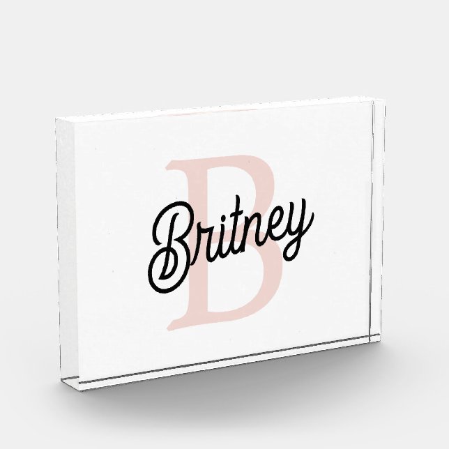 Modern Personalized Monogram and Name Pastel Pink Photo Block (Left)