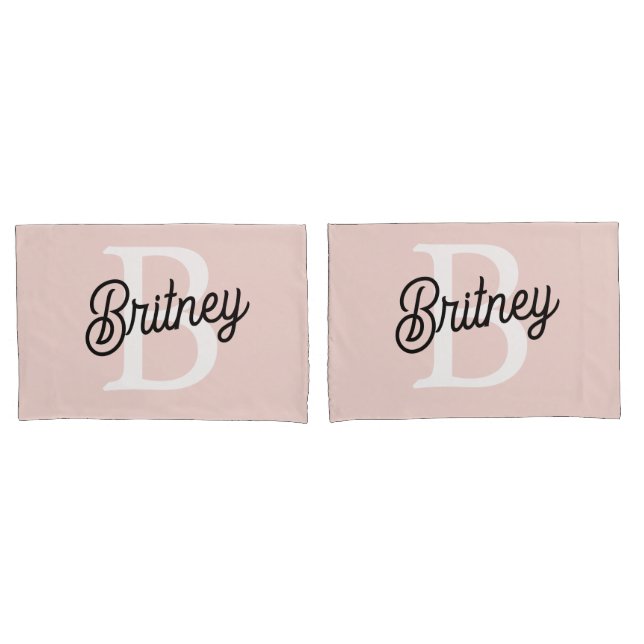 Modern Personalized Monogram and Name Pastel Pink Pillowcase (Front-Set)