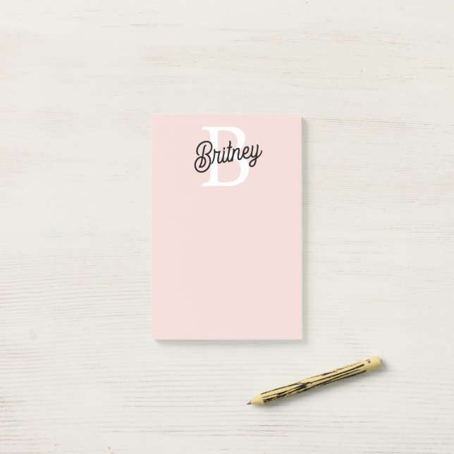 Modern Personalized Monogram and Name Pastel Pink Post-it Notes (On Desk)