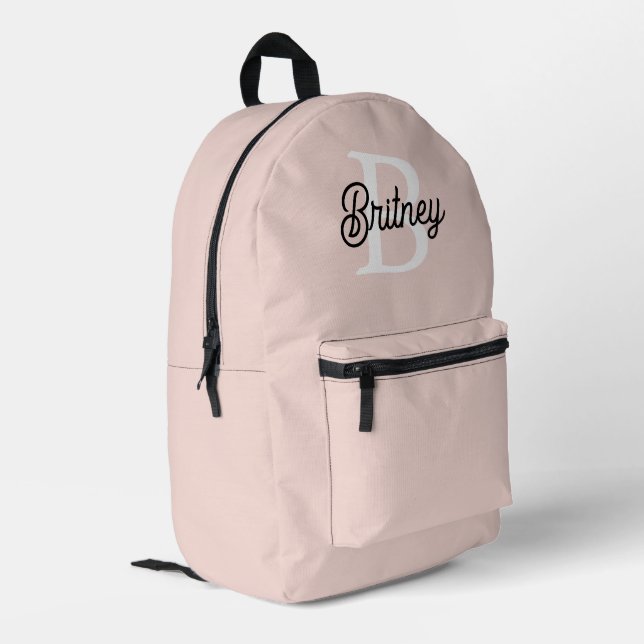 Modern Personalized Monogram and Name Pastel Pink Printed Backpack (Back Corner Left)