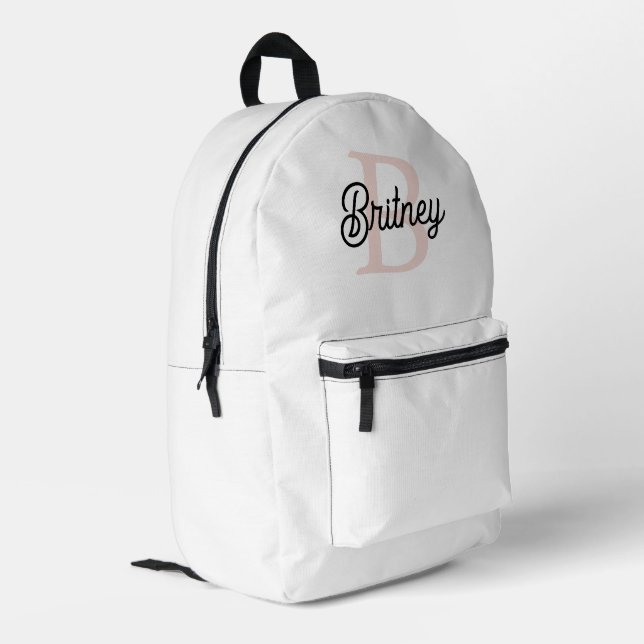 Modern Personalized Monogram and Name Pastel Pink Printed Backpack (Back Corner Left)