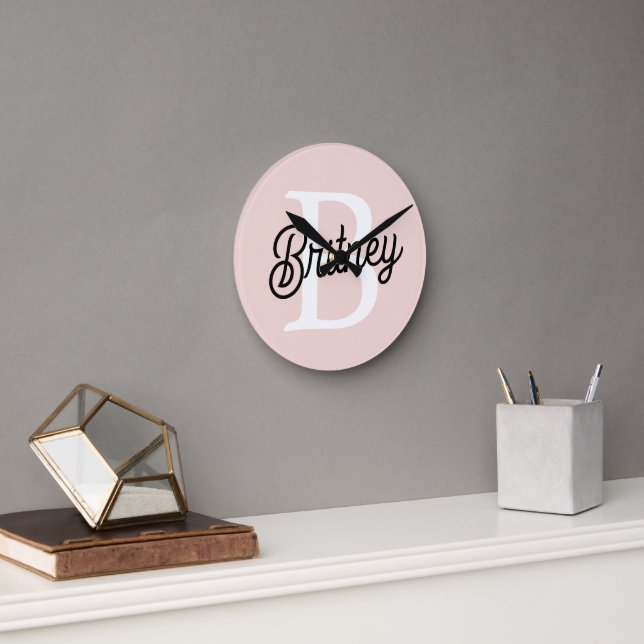 Modern Personalized Monogram and Name Pastel Pink Round Clock (Office)