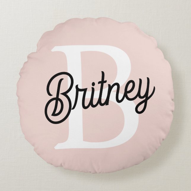 Modern Personalized Monogram and Name Pastel Pink Round Pillow (Front)