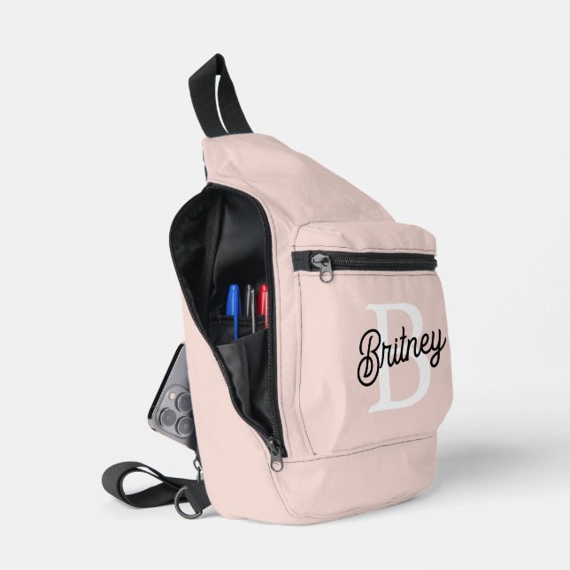 Modern Personalized Monogram and Name Pastel Pink Sling Bag (Open)