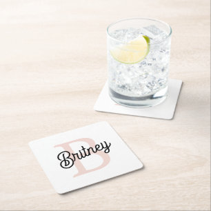 Modern Personalized Monogram and Name Pastel Pink Square Paper Coaster