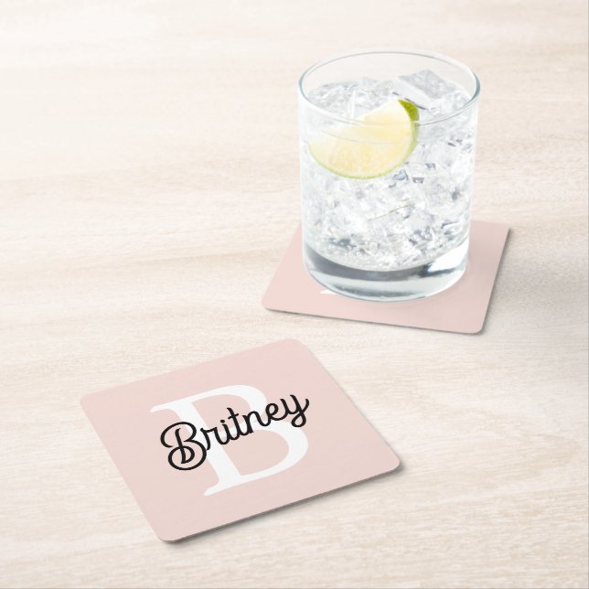 Modern Personalized Monogram and Name Pastel Pink Square Paper Coaster (Insitu)