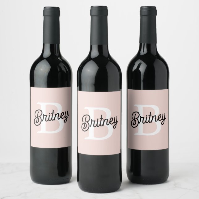 Modern Personalized Monogram and Name Pastel Pink Wine Label (Bottles)