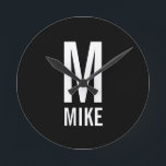 Modern Personalized Monogram and Name Round Clock<br><div class="desc">Modern Black and White Bold Monogram Design featuring personalized monogram and name in modern bold sans serif font style.
Unique gift for dad, husband, grandparents and more.
Also perfect as modern loft/minimalist home decor accessories, birthday gift, holiday gift, family reunion gift, housewarming gift and gift for any special occasions.</div>