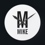 Modern Personalized Monogram and Name Round Clock<br><div class="desc">Modern Black and White Bold Monogram Design featuring personalized monogram and name in modern bold sans serif font style.
Unique gift for dad, husband, grandparents and more.
Also perfect as modern loft/minimalist home decor accessories, birthday gift, holiday gift, family reunion gift, housewarming gift and gift for any special occasions.</div>