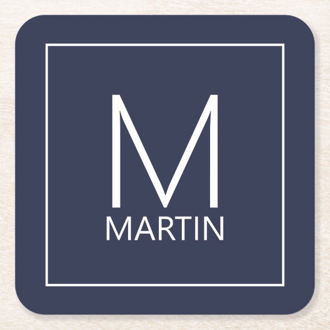 Modern Personalized Monogram and Name Square Paper Coaster (Front)
