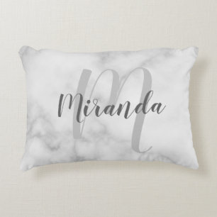 Modern Personalized Monogram and Name White Marble Accent Pillow