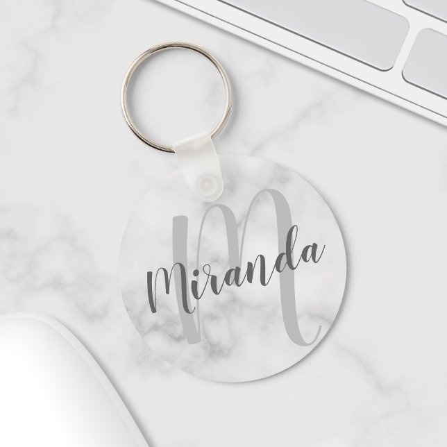 Modern Personalized Monogram and Name White Marble Keychain (Creator Uploaded)