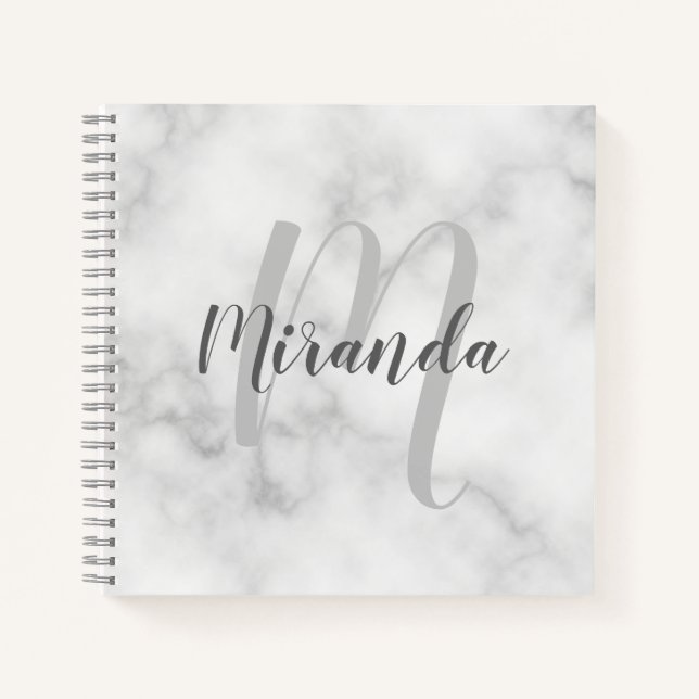 Modern Personalized Monogram and Name White Marble Notebook (Front)