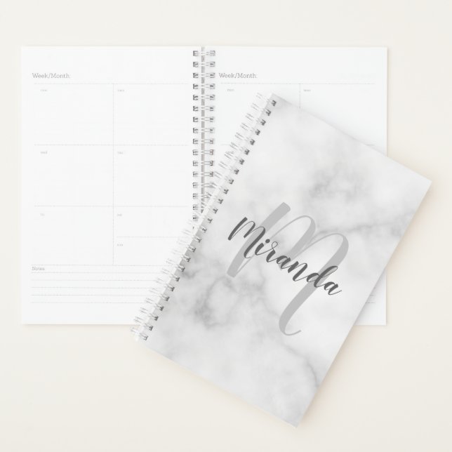 Modern Personalized Monogram and Name White Marble Planner (Display)