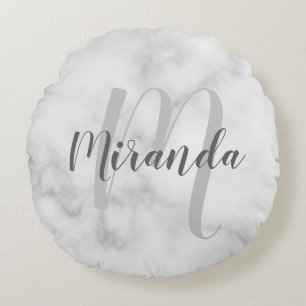 Modern Personalized Monogram and Name White Marble Round Pillow