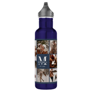 Modern Personalized Monogram & Photo Collage Blue 710 Ml Water Bottle