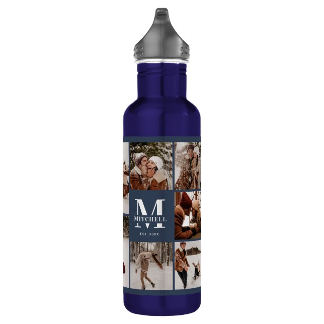 Modern Personalized Monogram & Photo Collage Blue 710 Ml Water Bottle (Right)
