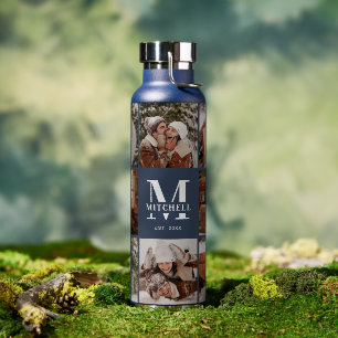 Modern Personalized Monogram & Photo Collage Navy Water Bottle