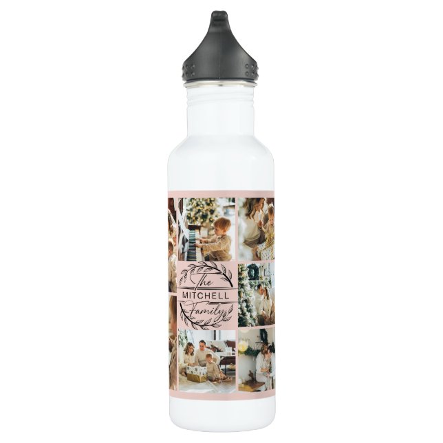 Modern Personalized Monogram & Photo Collage Pink 710 Ml Water Bottle (Right)