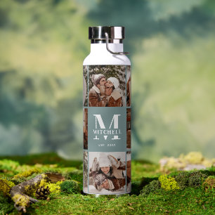 Modern Personalized Monogram & Photo Collage Sage Water Bottle