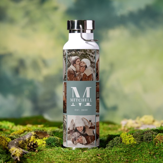 Modern Personalized Monogram & Photo Collage Sage Water Bottle (Outdoor)
