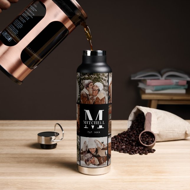 Modern Personalized Monogram & Photo Collage Water Bottle (Coffee)