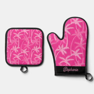 Modern Personalized Monogrammed Pink Palm Trees Oven Mitt & Pot Holder Set