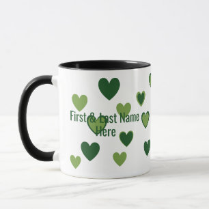 Modern Personalized Name and Fun Green Hearts Art Mug