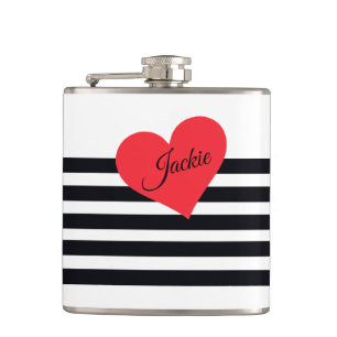 Modern Personalized Name B & W Striped Flask