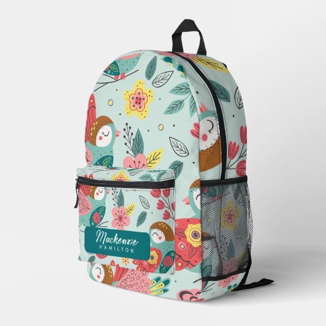 Modern Personalized Name Bird Pattern Printed Backpack (Back Corner Right)