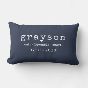 Modern Personalized Name Birthdate Blue Lumbar Pillow