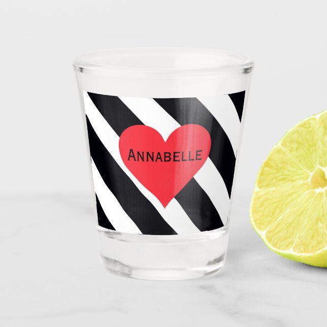Modern Personalized Name Black White Striped Cute Shot Glass (Front)
