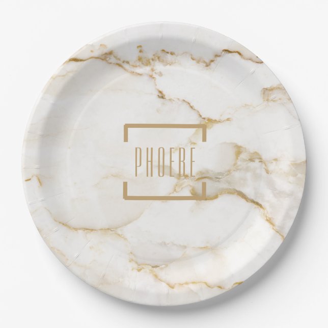 Modern Personalized Name Gold Effect Marble Cake S Paper Plate (Front)