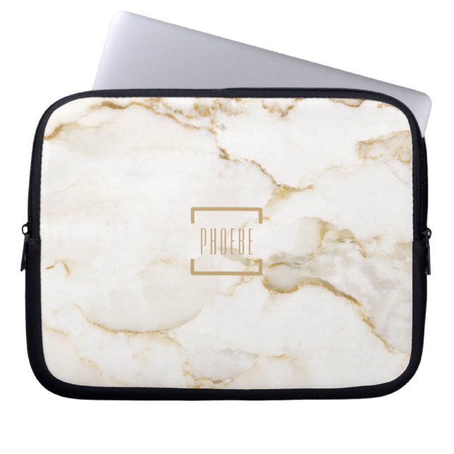 Modern Personalized Name Gold Effect Marble Laptop Sleeve (Front)