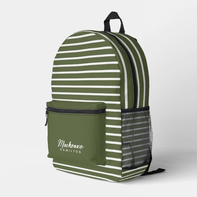 Modern Personalized Name Green Striped Printed Backpack (Back Corner Right)