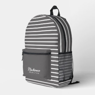 Modern Personalized Name Grey Striped Printed Backpack