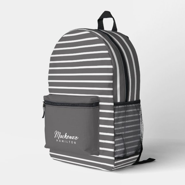 Modern Personalized Name Grey Striped Printed Backpack (Back Corner Right)