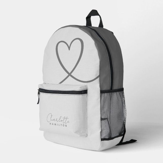 Modern Personalized Name Grey Tones Love Heart Printed Backpack (Back Corner Right)