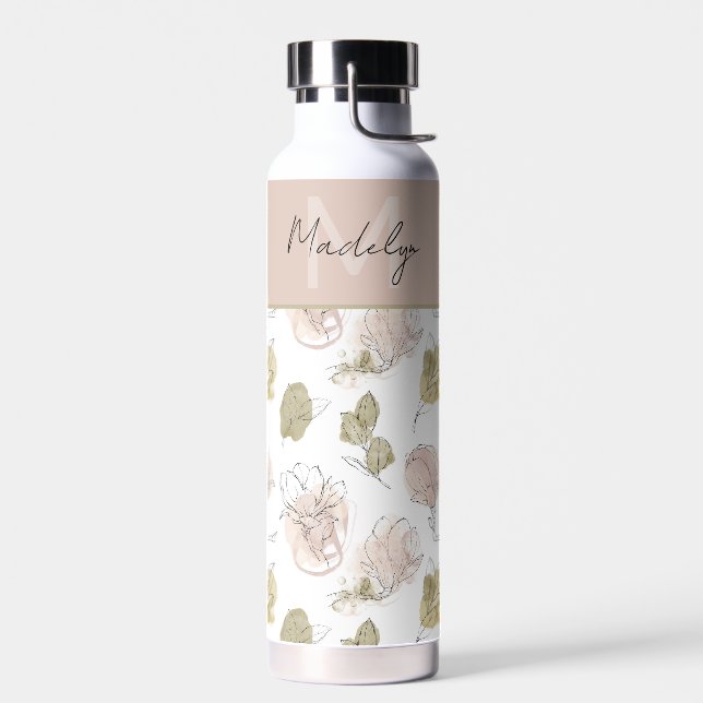 Modern Personalized Name Monogram Floral  Water Bottle (Left)