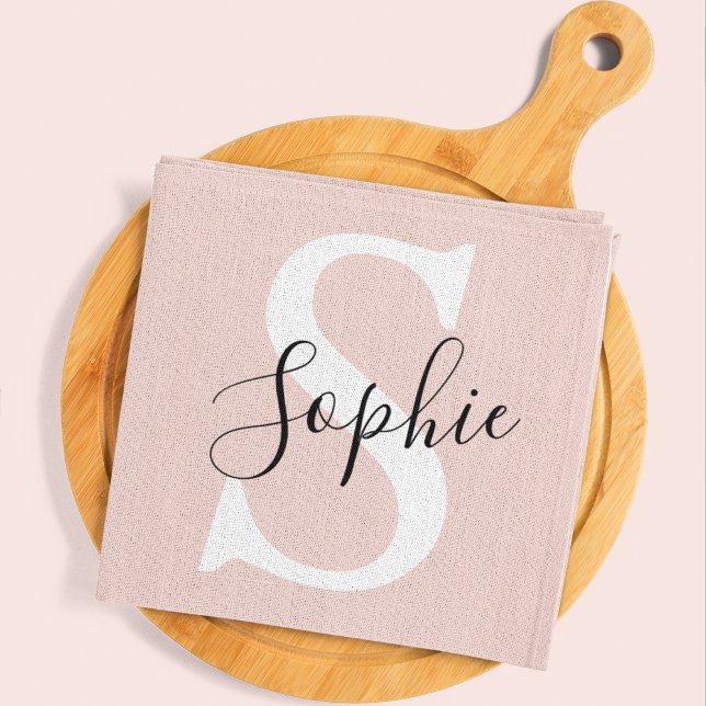 Modern Personalized Name Monogram Pastel Pink Kitchen Towel (Creator Uploaded)