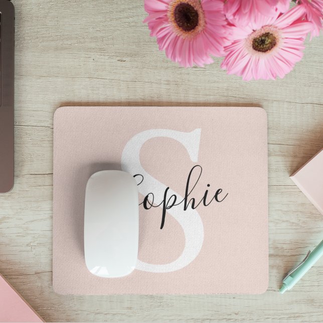 Modern Personalized Name Monogram Pastel Pink Mouse Pad (Creator Uploaded)