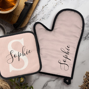 Modern Personalized Name Monogram Pastel Pink Oven Mitt & Pot Holder Set