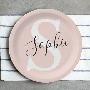 Modern Personalized Name Monogram Pastel Pink Paper Plate