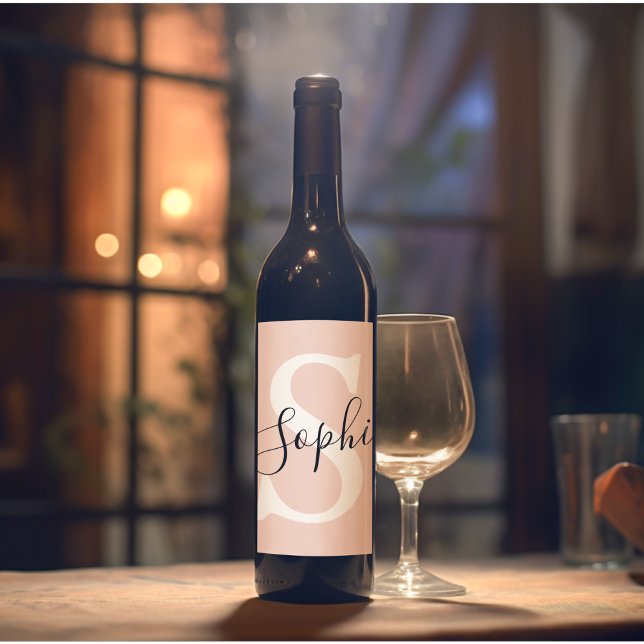 Modern Personalized Name Monogram Pastel Pink Wine Label (Creator Uploaded)