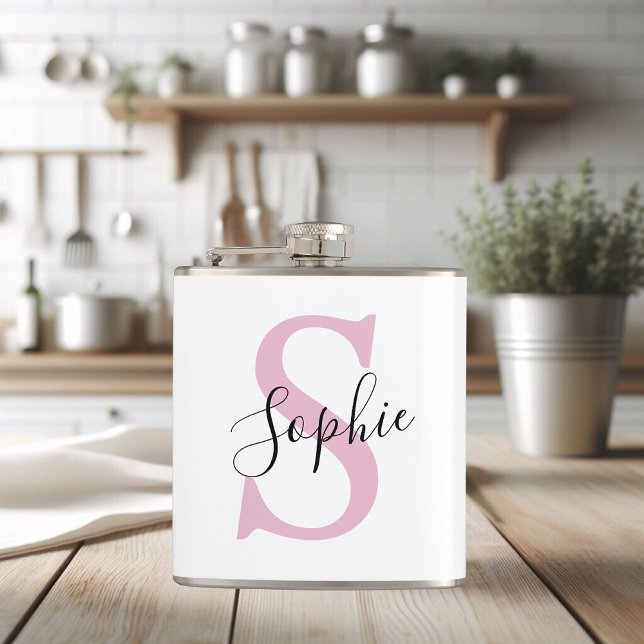 Modern Personalized Name Monogram Pink Hip Flask (Creator Uploaded)