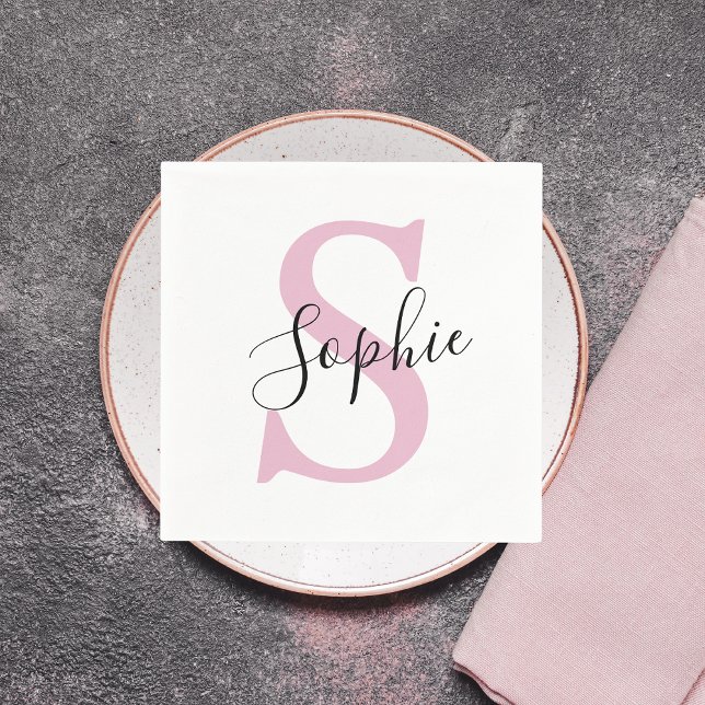 Modern Personalized Name Monogram Pink Napkin (Creator Uploaded)