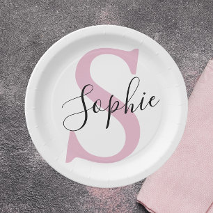 Modern Personalized Name Monogram Pink Paper Plate