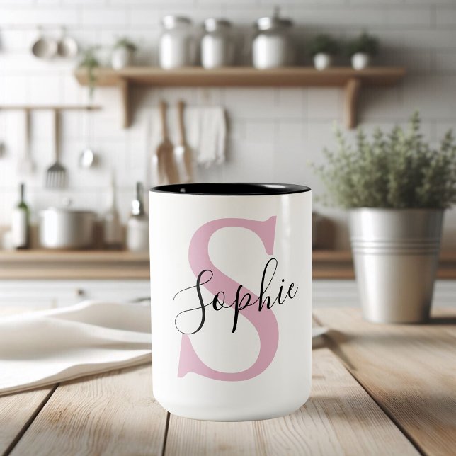 Modern Personalized Name Monogram Pink Two-Tone Coffee Mug (Creator Uploaded)